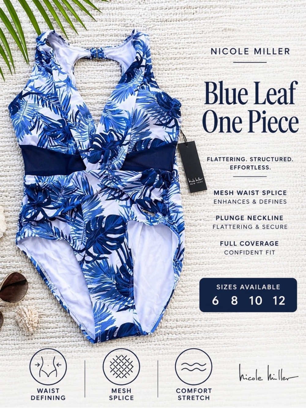 Nicole Miller Blue Leaf One Piece Swimsuit Mesh Waist NWT Sz 6 8 10 12
